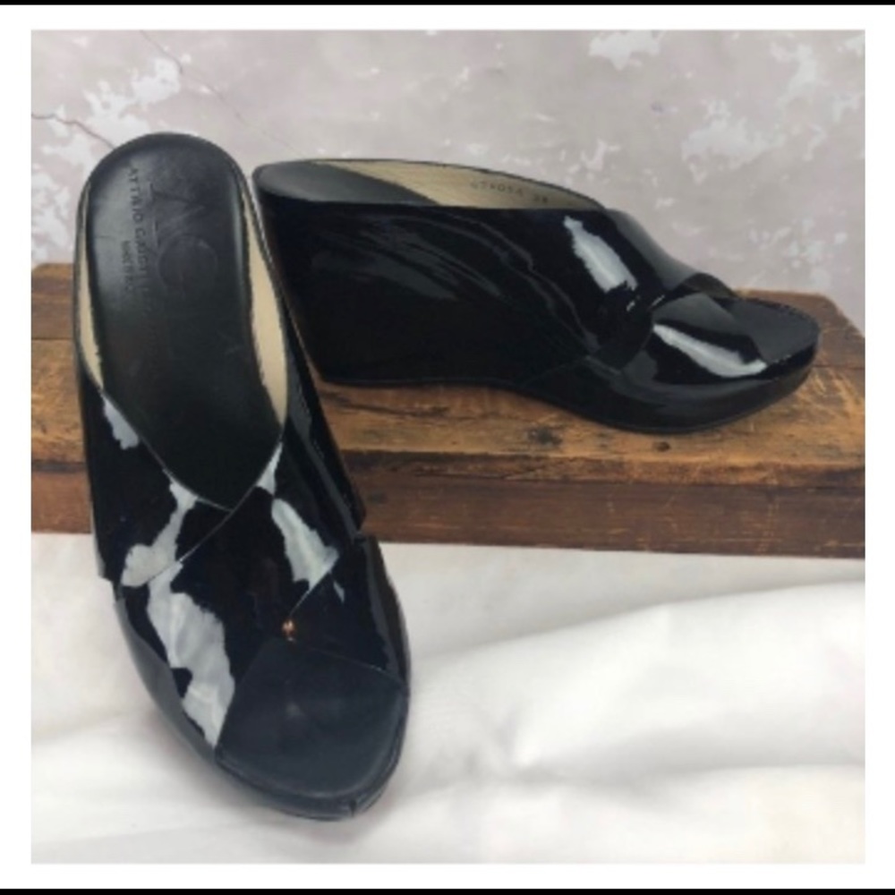AGL Black Patent Leather Wedge Sandals
